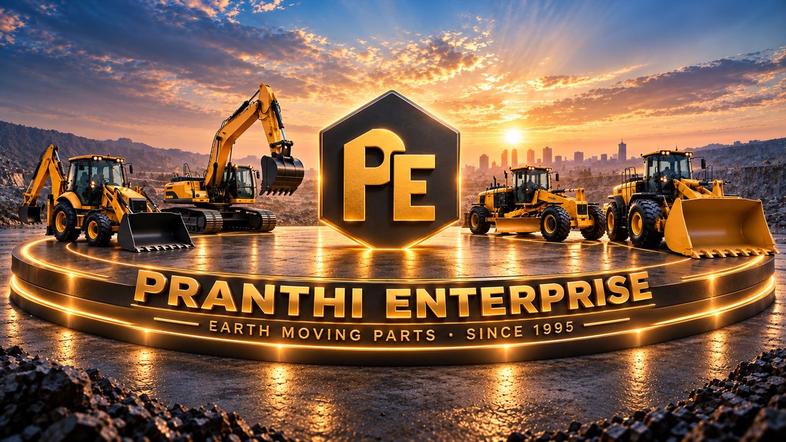 Pranthi Enterprise emblem flanked by a backhoe loader, excavator, motor grader and wheel loader — earth moving parts since 1995